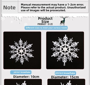 Size chart for white hollow snowflake decorations in 10cm and 15cm diameters