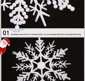 Macro detail and full view of white hollow plastic snowflakes for Christmas tree decoration
