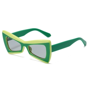 Fashionable butterfly geometric sunglasses in green and yellow with grey lenses