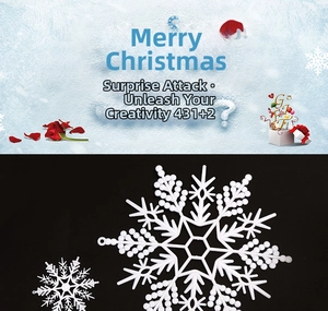 Detailed view of white hollow plastic snowflake ornaments in two different sizes