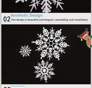 Detailed view of three white plastic snowflake ornaments with hollow radial patterns