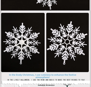 Detailed view of white plastic snowflake ornaments with textured bead finish and 3D design