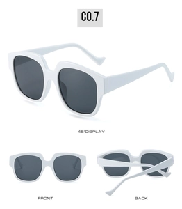Detailed views of stylish white wide-frame sunglasses with unique bent temple design