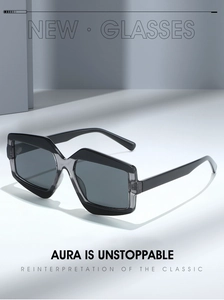 Macro view of geometric color-block sunglasses with translucent smoky gray frames
