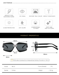 Detailed size specifications and UV400 features of geometric polarized sunglasses