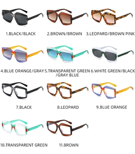 Grid view of geometric sunglasses in assorted colors including leopard and bicolor frames