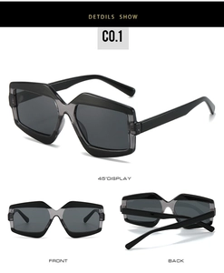 Detailed view of grey geometric sunglasses from front, back, and 45-degree angle views