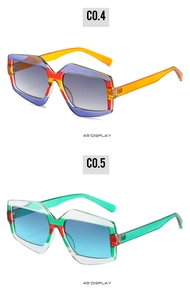 Detailed 45-degree view of oversized geometric gradient sunglasses in multi-color frames