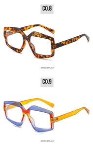 Detail view of bold geometric eyewear in dark tortoiseshell and colorful patchwork designs