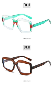 Detail view of irregular geometric eyewear frames in transparent green and tortoiseshell