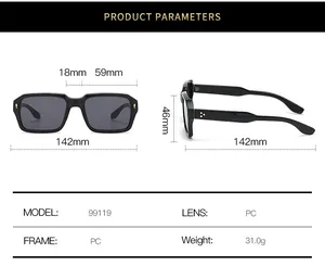 Detailed technical specifications and sizing chart for square fashion sunglasses