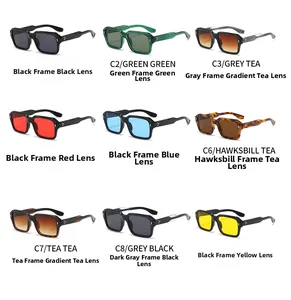 Grid layout showing nine color variants of square sunglasses with rivet details