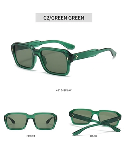 Three-view detail of square green sunglasses with metal studs and gradient lenses