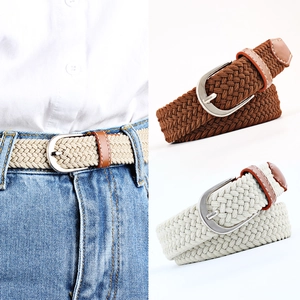 Unisex elastic woven belt with metal pin buckle in brown and beige tones for daily wear