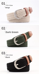 Detailed comparison of elastic woven belts in beige, dark green, and black with pin buckles
