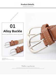 Detail of brown leather belt with white stitching and silver alloy pin buckle closeup