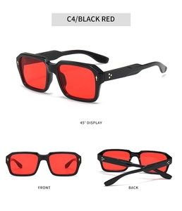 Square black sunglasses with red lenses and metal studs shown in multi-angle views