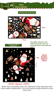 Detailed size guide for 90x60cm Christmas wall sticker with Santa and snowflake elements