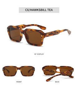Three-angle view of vintage tortoiseshell square sunglasses with tea-tinted lenses