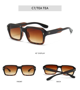 Detailed multi-angle view of vintage square sunglasses with tortoiseshell frames and rivets