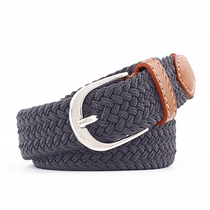 Unisex dark grey woven elastic belt with silver pin buckle and brown leather accents