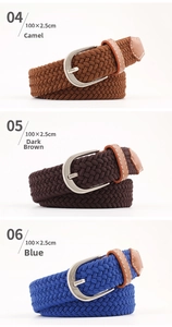Elastic woven belts in camel, dark coffee, and blue with silver pin buckles
