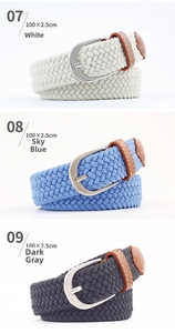 Detailed view of woven elastic belts in white, sky blue, and dark gray with metal buckles