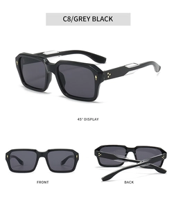 Multi-angle views of square sunglasses featuring silver metal accents and rivet details