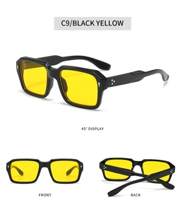 Three-view layout of retro square sunglasses featuring black frames and yellow lenses