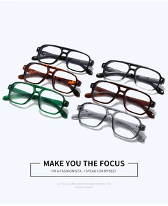 Macro shot of stylish square double-bridge glasses frames in six assorted retro colors