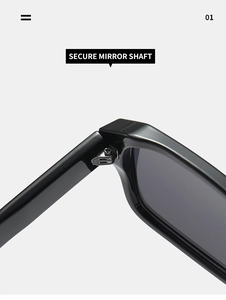 Macro shot of secure metal hinges and polished black frame on square sunglasses