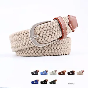 Unisex elastic braided canvas belt with silver pin buckle and premium leather finish