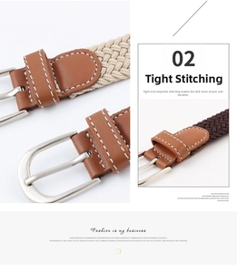 Detail of the high-quality stitching on the beige braided elastic belt with metal buckle