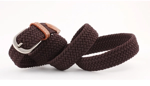 Detail of dark brown braided elastic belt with silver pin buckle and leather loop