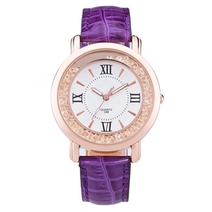 Damen-Quarzuhr mit Roségoldgehäuse, Strasssteinen und violettem Kunstlederarmband