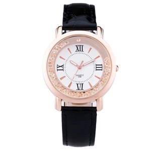 Roségold-Quarzuhr mit römischen Ziffern, Strasslünette und schwarzem Lederarmband
