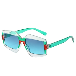 Fashion geometric sunglasses with green and red striped frames and gradient blue lenses