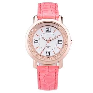 Damen Quarzuhr mit rosa Krokodillederarmband und Roségold Strass-Zifferblatt
