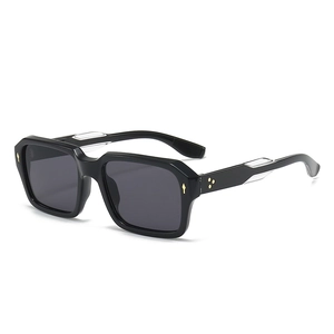 Square black frame sunglasses with UV protection gray lenses and gold arrow rivets