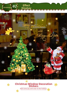 Christmas window decals with Santa Claus, Xmas tree, stars and golden holiday greetings