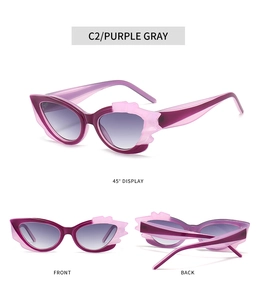 Detailed views of purple gray cat-eye sunglasses with flame-inspired frame and gradient lenses