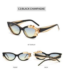 Cat eye sunglasses detail with black champagne frame and gradient lenses in multiple views