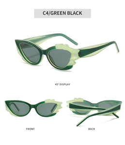 Three-way view of green black cat eye sunglasses with flame-like temple decorative details