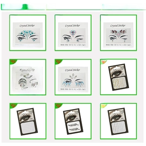 Catalog of crystal face stickers featuring blue symmetrical floral and pearl gem designs