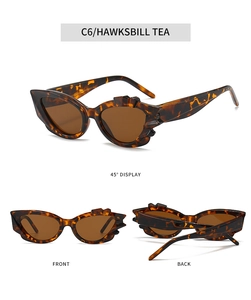 Detailed multi-angle view of C6 hawksbill tea cat eye sunglasses with textured frames