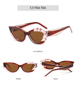 Three-angle view of cat-eye sunglasses with brown frames and pink crystal details