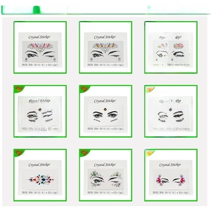 Macro view of crystal face stickers in 3x3 layout with diverse glittery rhinestone patterns