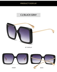 Vue détaillée multi-angles de lunettes de soleil carrées avec verres dégradés gris noir C1