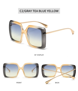 Trois vues de lunettes de soleil carrées avec verres dégradés bleu-jaune et branches en métal
