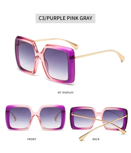 Lunettes de soleil carrées dégradées violet et rose avec branches dorées sous trois angles